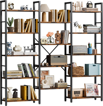 Triple 5 Tier Bookshelf, Industrial Large Bookcase with 14 Open Display Shelves