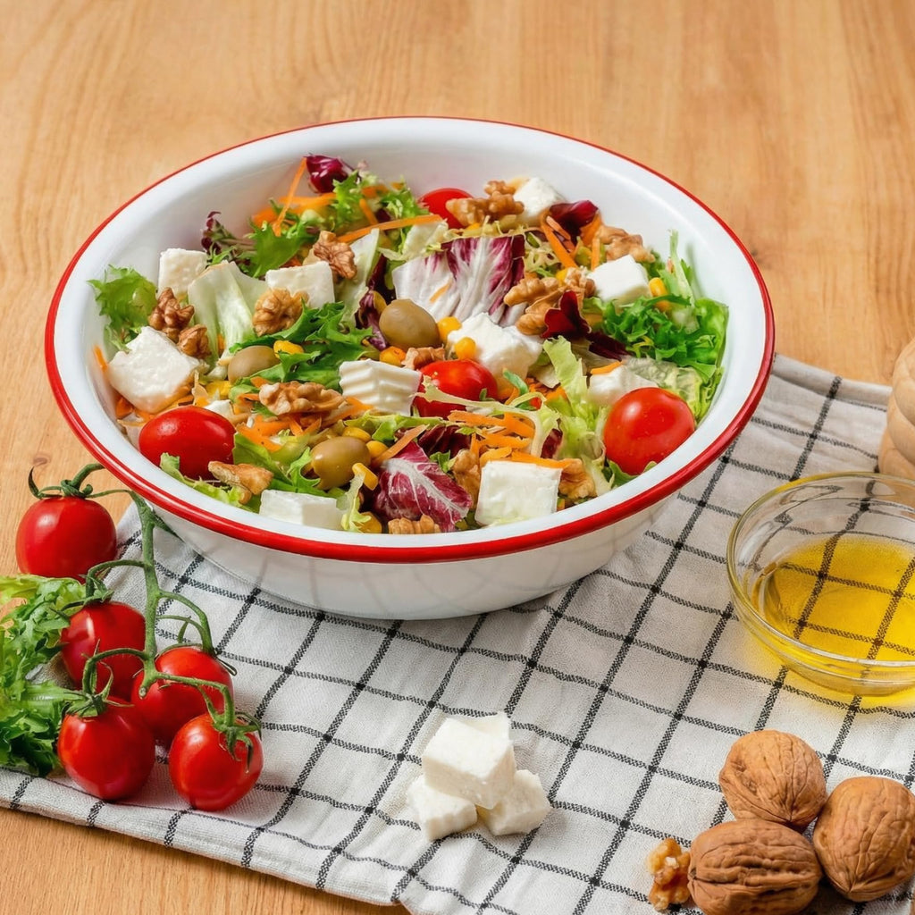 2 Pack 3 Quart Large Enamel Serving Bowl, 11" Unbreakable Vintage Metal Enamel Mixing Bowl, White and Red Kitchen