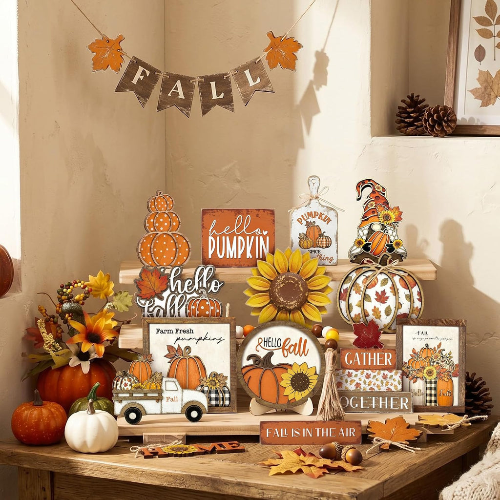 Fall Tiered Tray Decor Set Hello Fall Thanksgiving Wood Sign Pumpkin Sunflower Gnome Farm Truck Wood Bead - Set of 21