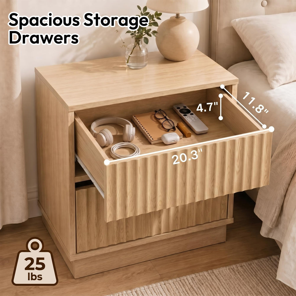 Fluted Nightstand with 2 Drawers, 23.6-Inch Wide, Natural Oak