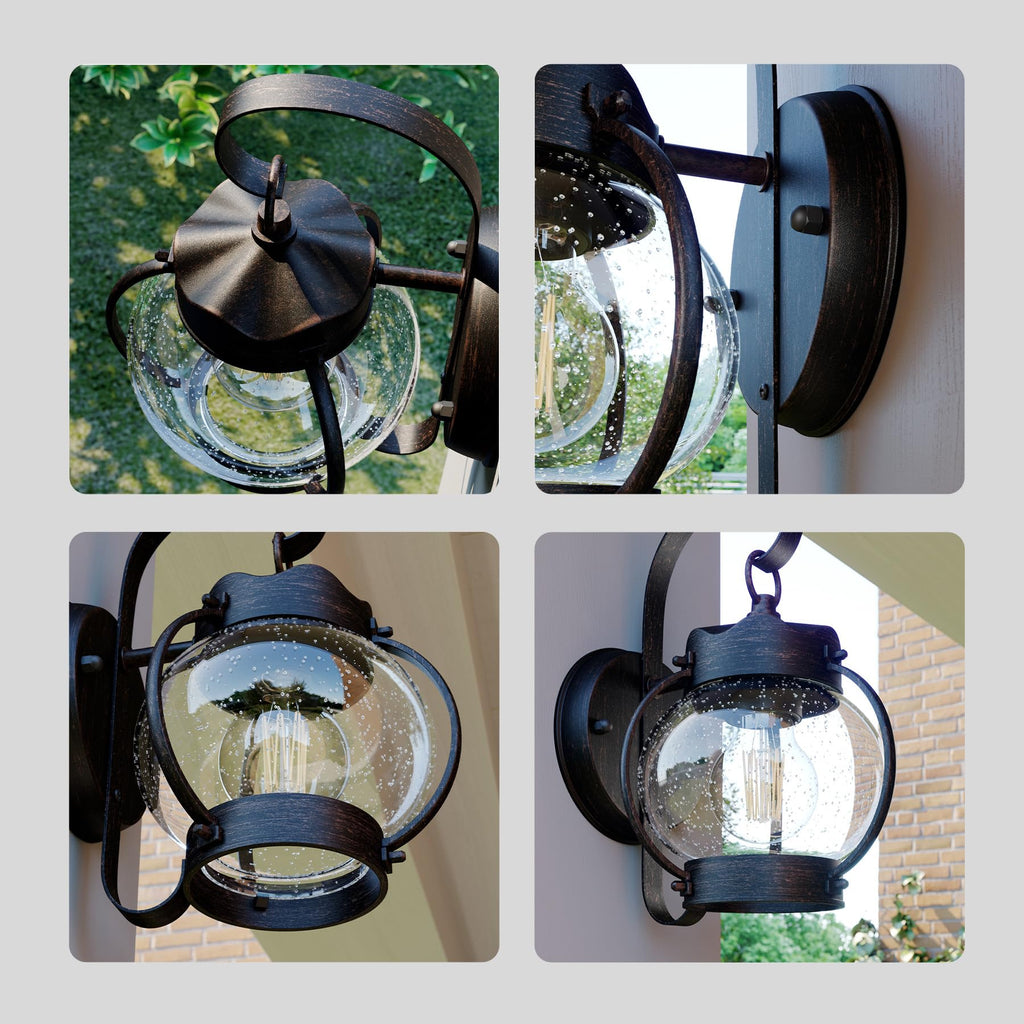 10.2" Outdoor Wall Light, Rustic Lantern Sconce with Bubble Glass Shade, Rust Brown Exterior Light for Porch Decor