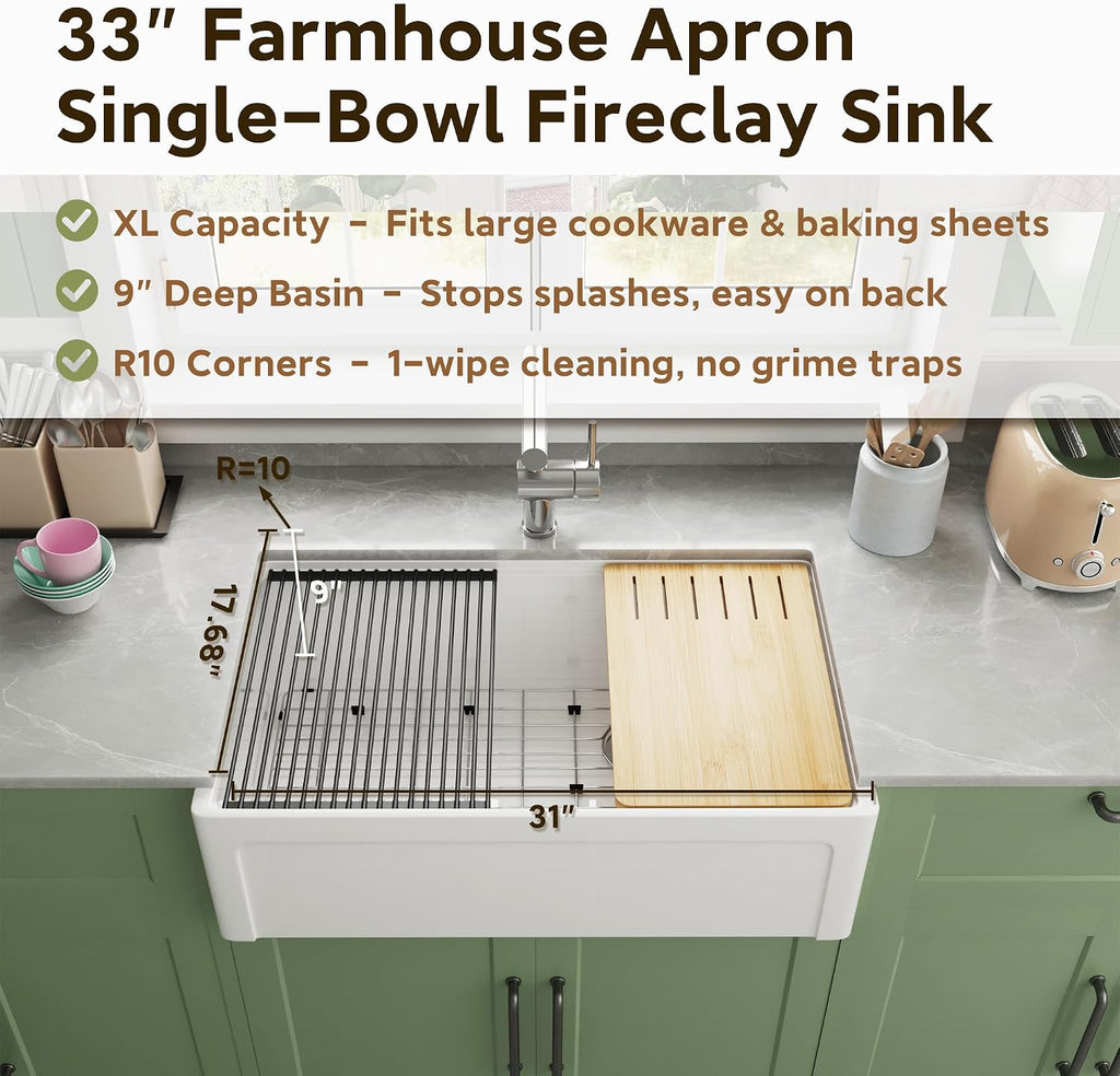 White Farmhouse Sink Fireclay Apron Front Kitchen Sink Single Bowl Kitchen Sinks, 33x20x10 Deep Workstation Sink with