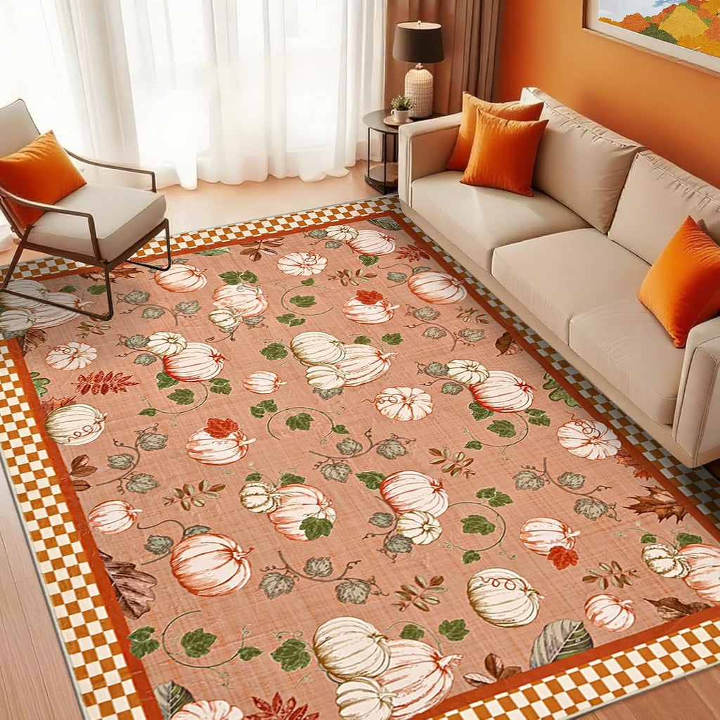 Fall Area Rugs Rug, Thanksgiving-Washable-Rugs-Non Slip Pumpk Rug Low Pile Floor Carpet with Checkered Edge