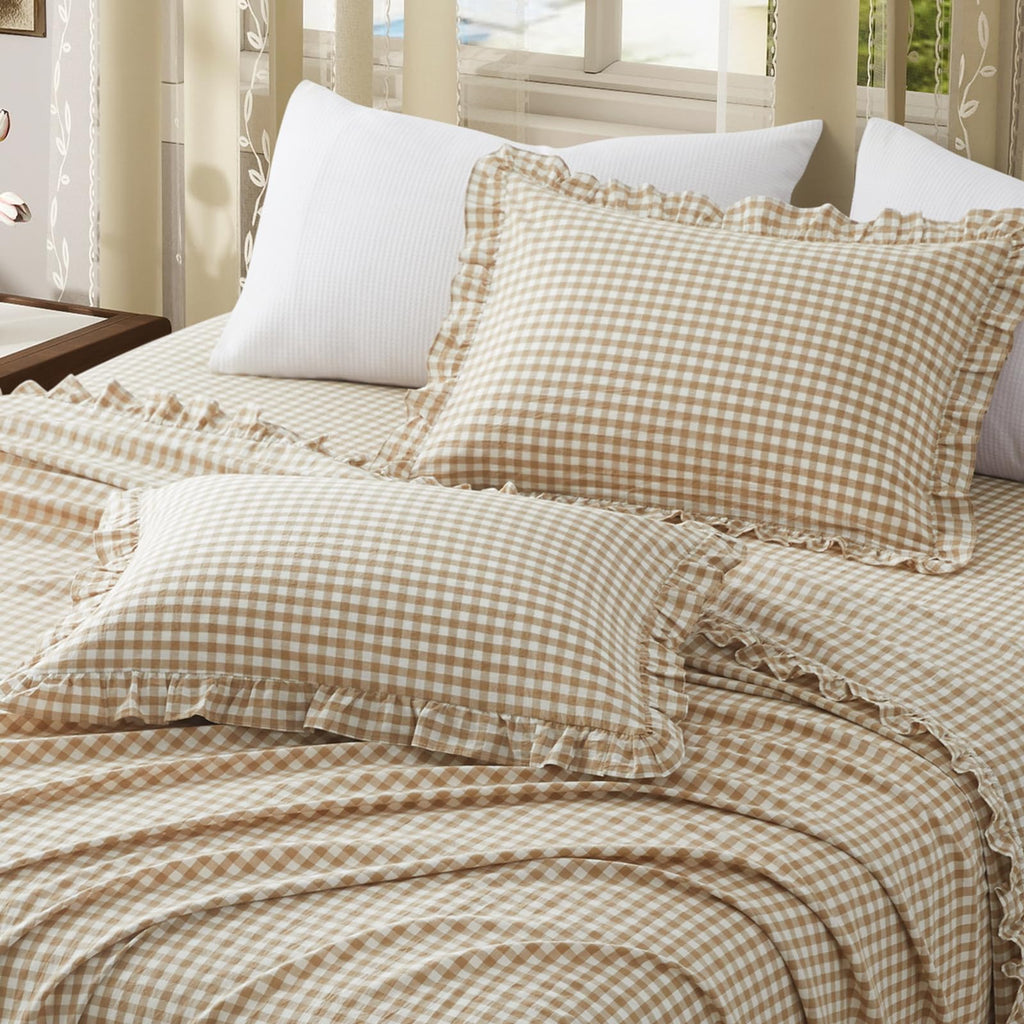2 Pcs Plaid Ruffle Pillow Case Standard, Taupe Plaid Pillow Shams