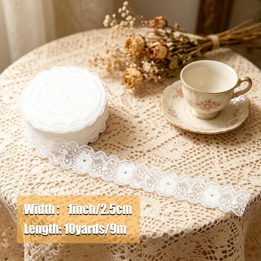 1 Inch White Lace Trim Ribbon, 10 Yard Vintage Crochet Ribbon