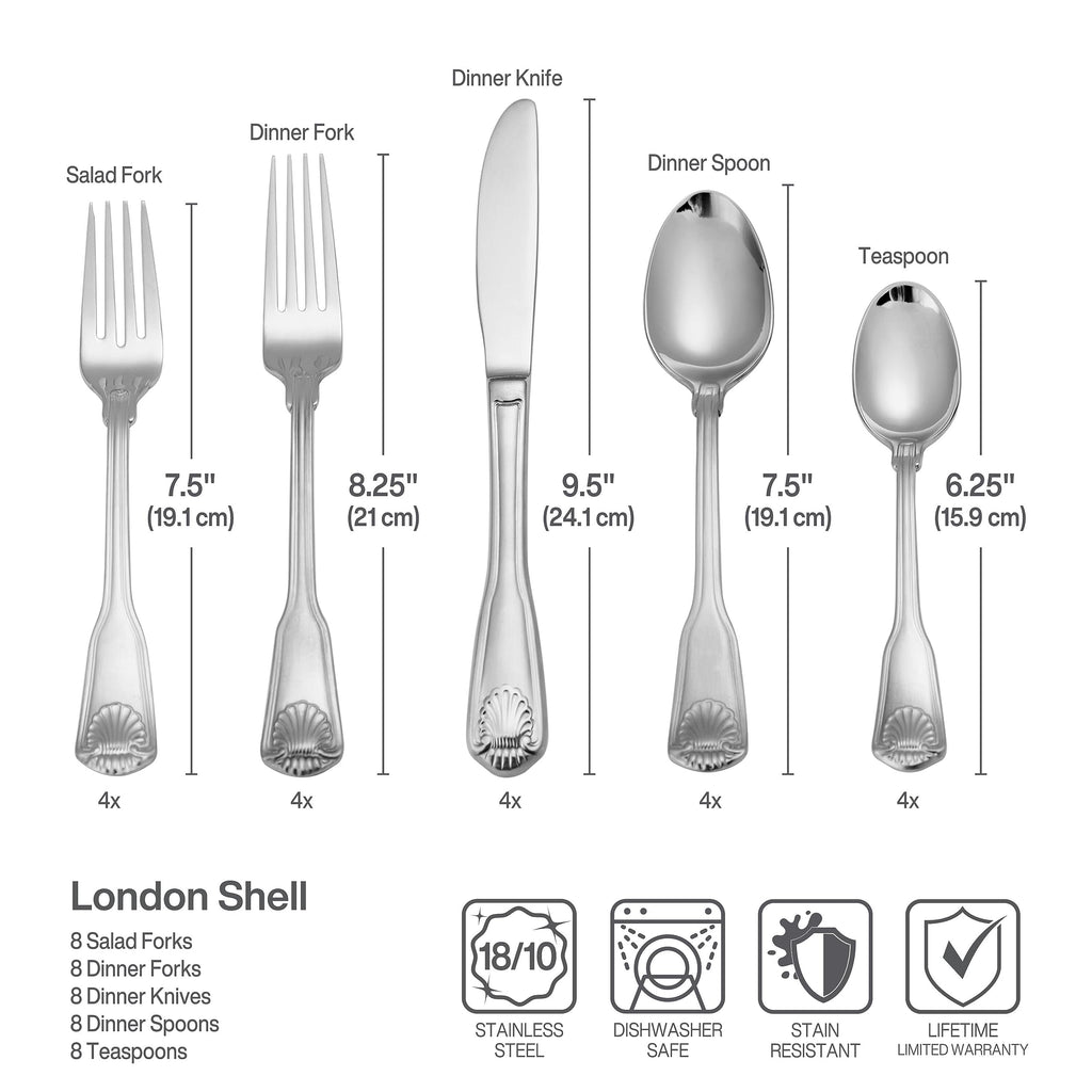London Shell 45-Piece 18/10 Stainless Steel Flatware Set, Service for 8