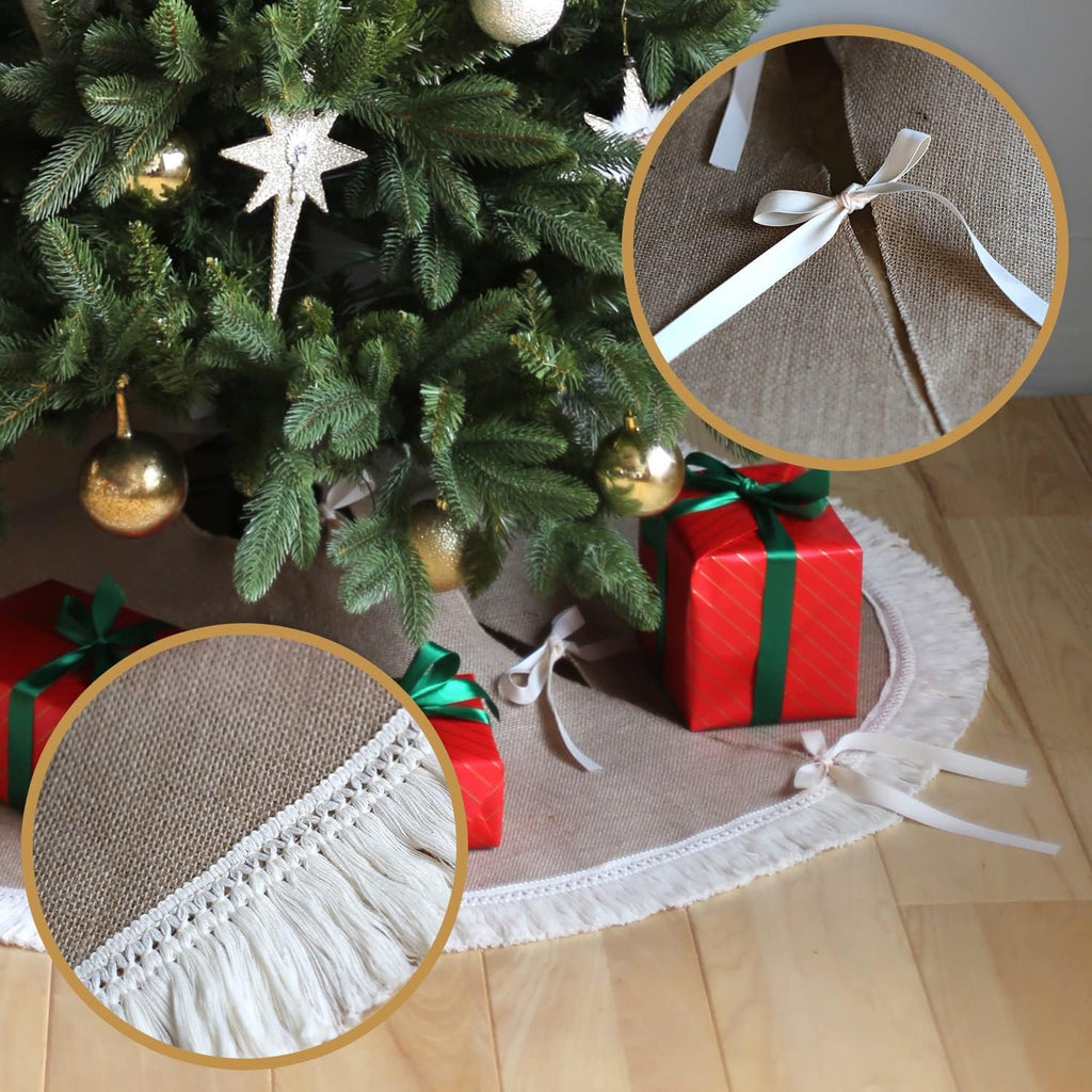 Burlap Christmas Tree Skirt 48', Boho Christmas Decor with Brown Ornaments