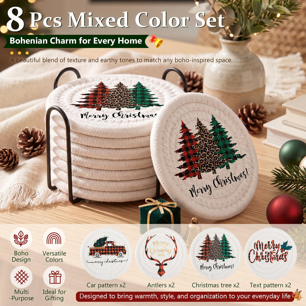 8 Pcs Coasters with Holder for Beer, Coffee -Christmas Mixed Color