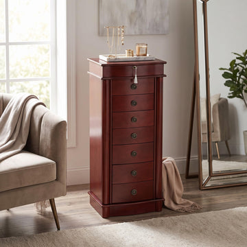 Nora Jewelry Armoire Cabinet with Mirror - 7 Drawers, Locking Top, Necklace Hooks, Anti-Tarnish Felt - Traditional