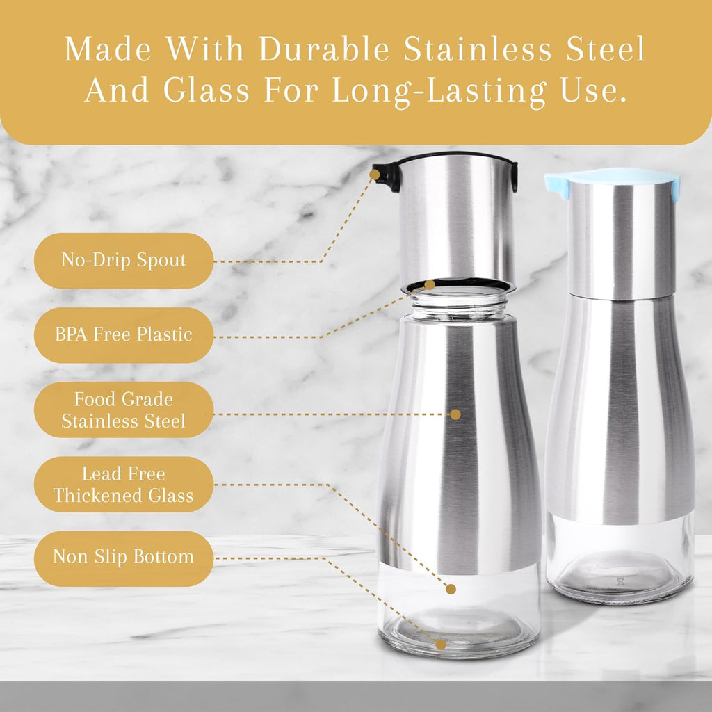2LB Depot Oil and Vinegar Dispenser Set - Brushed Steel & Glass Containers with Anti-Drip Spout Lid - Easy-Clean - Set of 2