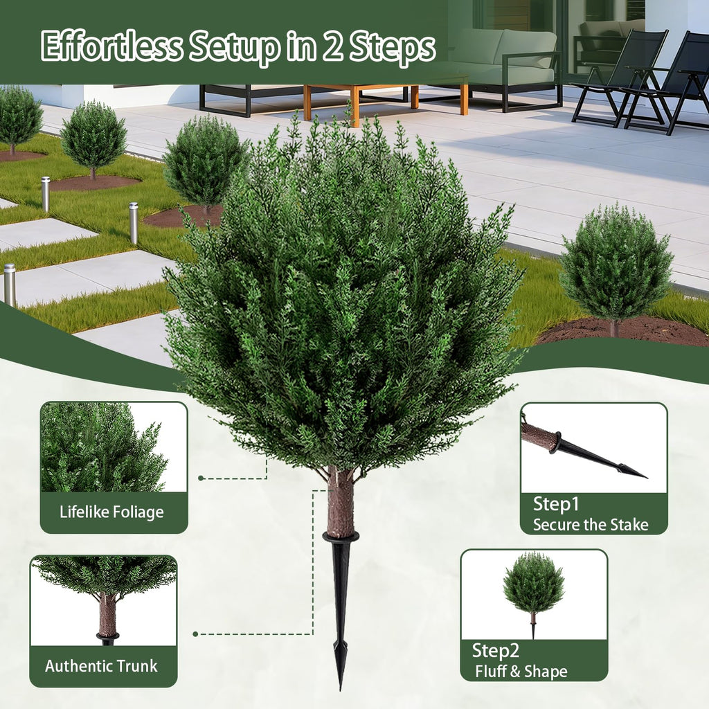 2 Pack 2FT Artificial Cedar Topiary Trees with Ground Spike, Fake Pine Shrubs Bushes, UV Resistant Faux Evergreen