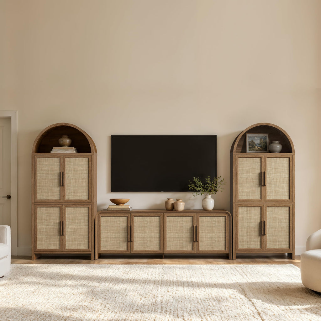 65'' Rattan TV Stand with Storage for 75" TV, Curved Edges Thicker Wood TV Consoles with Doors, Cable Management, Mid