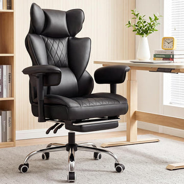Leather Big and Tall Office Gaming Chair with Footrest Ergo Lumbar Support | 135°Reclining Adjustable Recline | Back