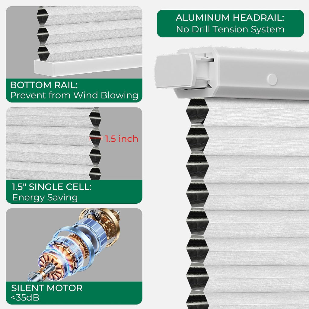 Motorized Cellular Shades No Drill with Remote,White, | Easy-to-Install Honeycomb Blinds with Voice Control,Solar