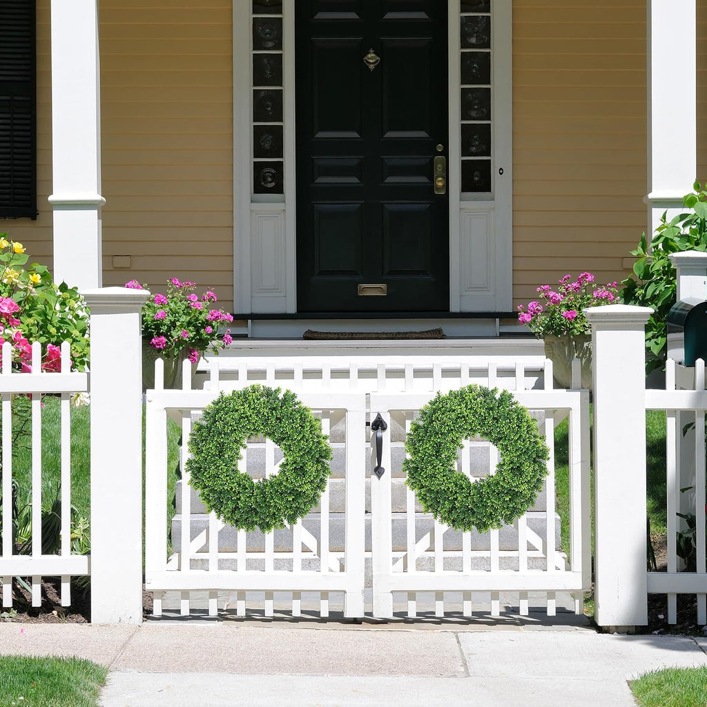 24 Inch Boxwood Wreath for Front Door, Spring/Summer All Season Door Wreath, Farmhouse Style, Outdoor Indoor Decor