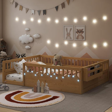 Floor Bed for Kids, Montessori Beds with High Fence Railings, Wood Playhouse Bed with Rails, Light &