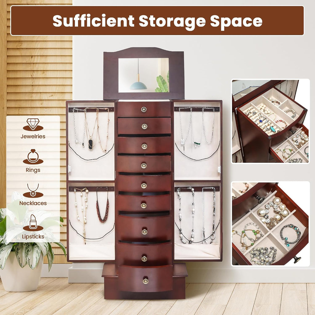 8 Drawers Jewelry Armoire, Standing Jewelry Box with Top Flip Makeup Mirror, Wood Jewelry Cabinet with Side Swing