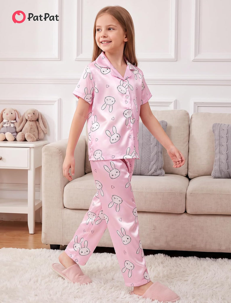 Girls Satin Silk Pajama Set Button-down Shirts & Pants Sleepwear Pjs