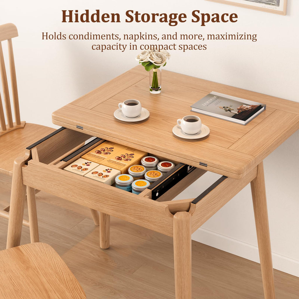 Solid Wood Small Dining Table, 23.6".2"L Expandable Kitchen Table for 2-6, Designed for Small Spaces, Easy