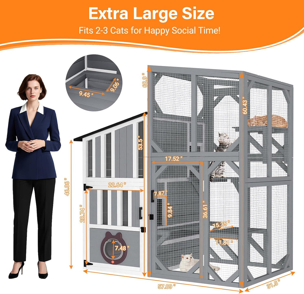 3 Tiers Catio 69" H Large Cat Enclosures House for Outdoor Indoor Feral Cats Shelter with Window Access, Adjustable