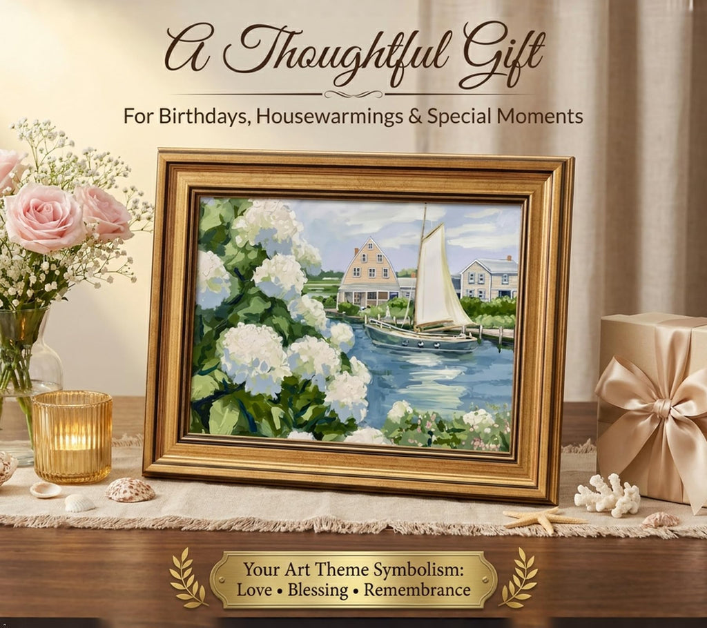 Gold Framed Vintage Coastal Canvas Wall Art, Hydrangea Seascape Wall Decor