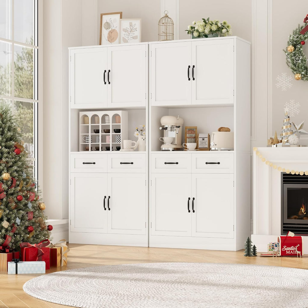 71" Tall Kitchen Pantry Storage Cabinet, Wood Kitchen Hutch, White | Modern Pantry Cabinet with Microwave Stand