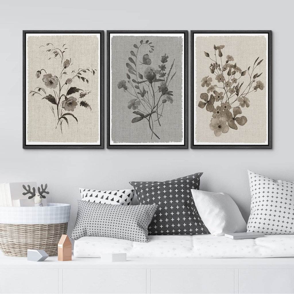 Framed Canvas Print Wall Art Floral Botanical Retro Wildflower Bouquet Vintage Classic Illustrations Fine Art