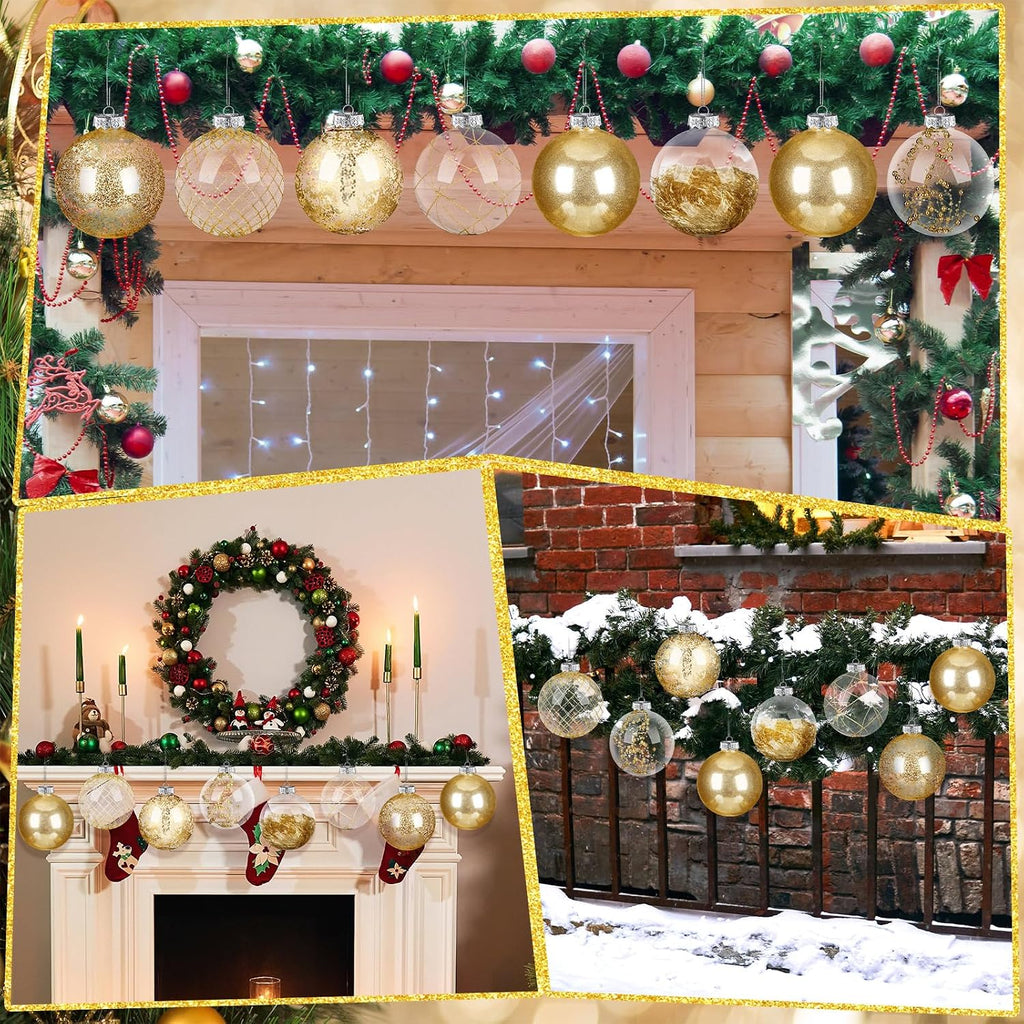 8 Set Clear Large Christmas Ball Ornament 6" Glitter Champagne Gold