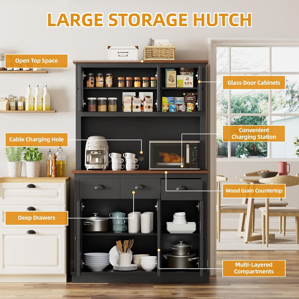 71" Kitchen Hutch with Charging Station, Tall Pantry Storage Cabinet with Microwave Stand, Adjustable Shelves, Slide