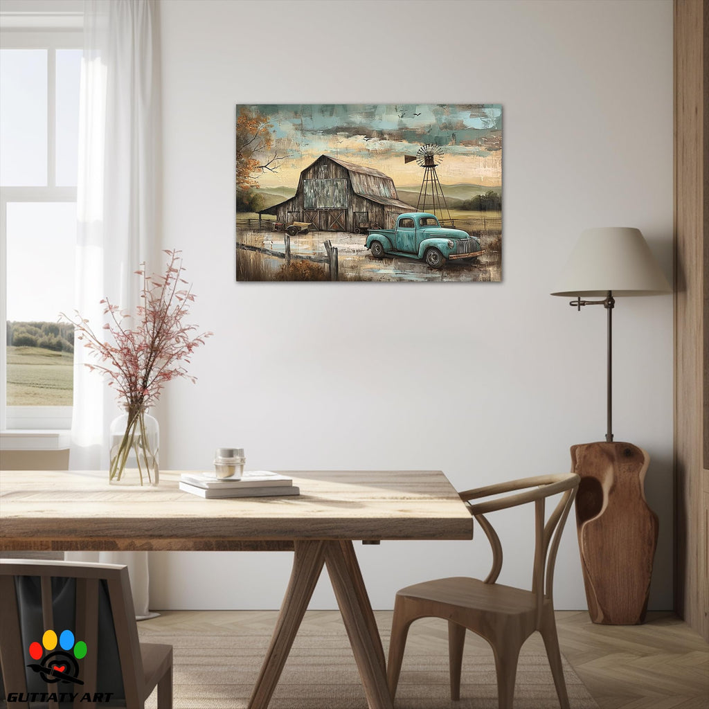 Farmhouse Prints Wall Art, Vintage Barn and Old Truck Picture Canvas Wall Art, Retro Windmill Canvas Prints, Country