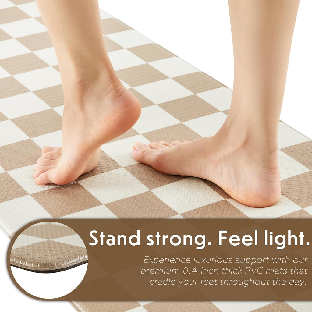 Checkered Kitchen Mats for Floor Set of 2, 2 Pcs Beige Khaki Cushioned Non Slip Runner Rugs /Sink/Laundry, Comfort