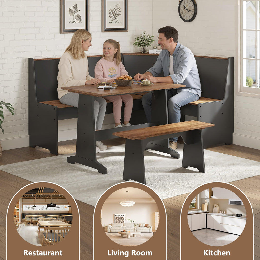 3-Piece Corner Dining Set with Hidden Storage, Black Oak