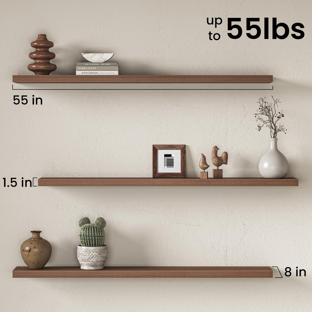 55" Floating Shelves for Wall, Set of 2, 8" Deep, 1.5" Thick, Walnut Finish