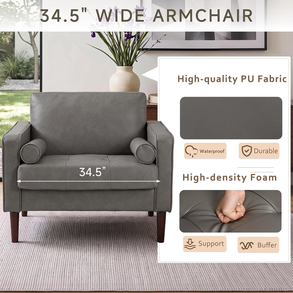 34.5" Arm Chairs, Modern Faux Leather Accent Chair, Dark Gray - Set of 2