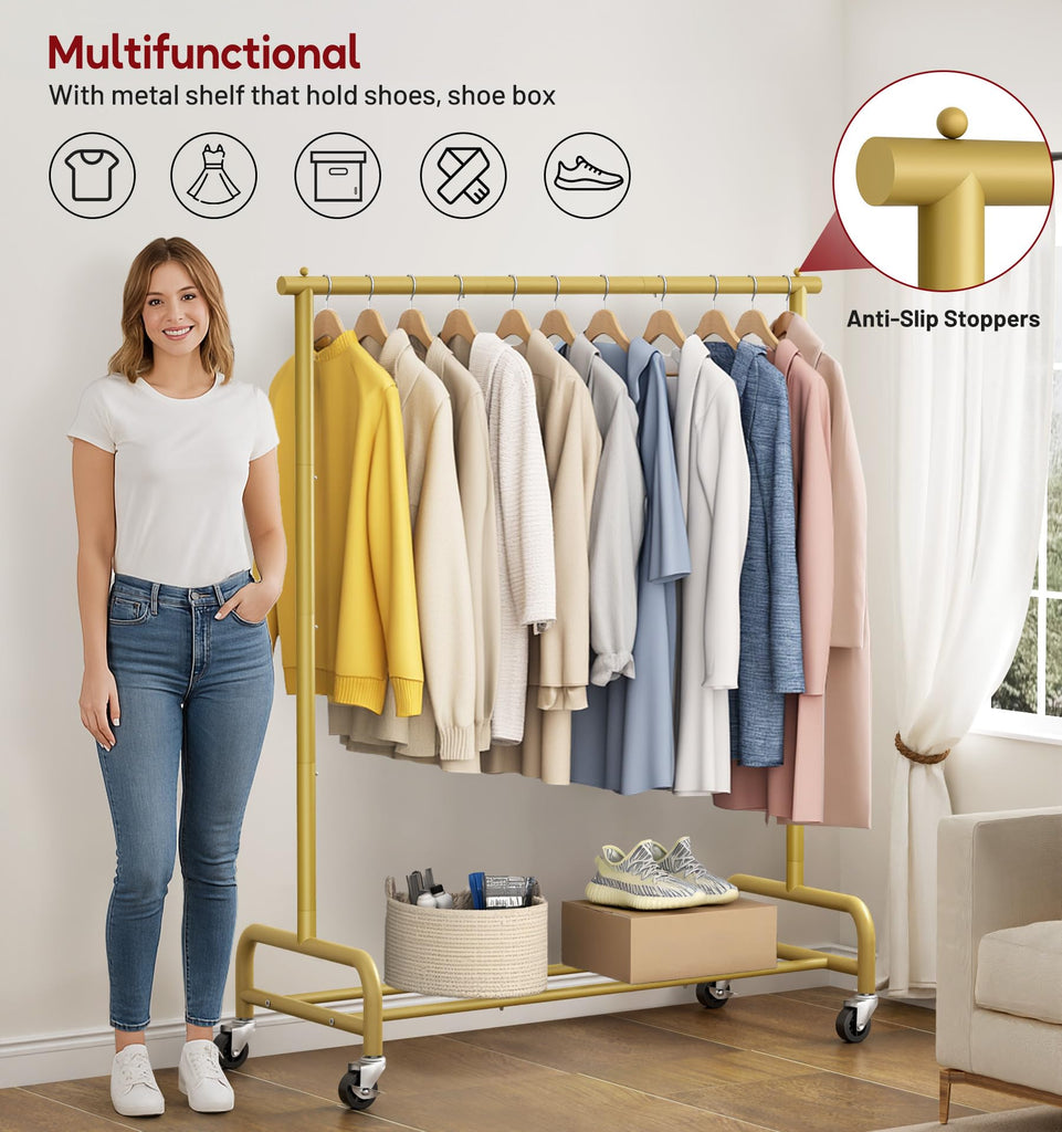 Heavy Duty Clothes Racks for Hanging Clothing Rack, 43" Wide Rolling Garment Rack Metal Wardrobe Rack with Wheels