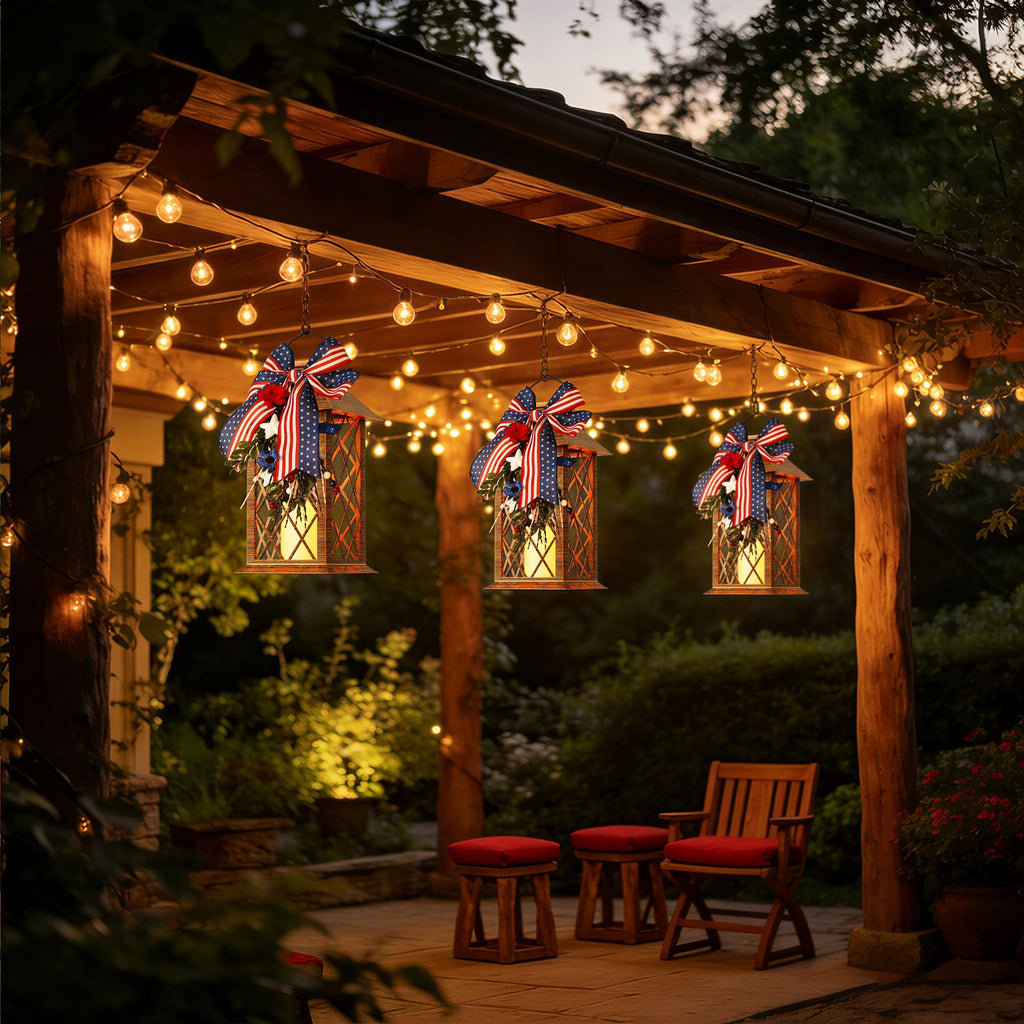 4th of July Solar Lanterns Outdoor Waterproof, Patriotic Hanging Lantern with Flickering LED Candle, 13" Independence