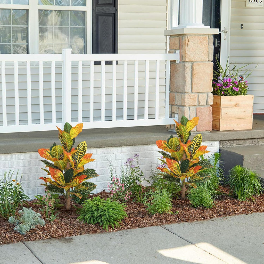 UV-Resistance 35inch Artificial Croton Plant, 2 Pack Fake Croton with Ground Spike, Faux Fiddle Leaf Fig Tree Home - Set of 2