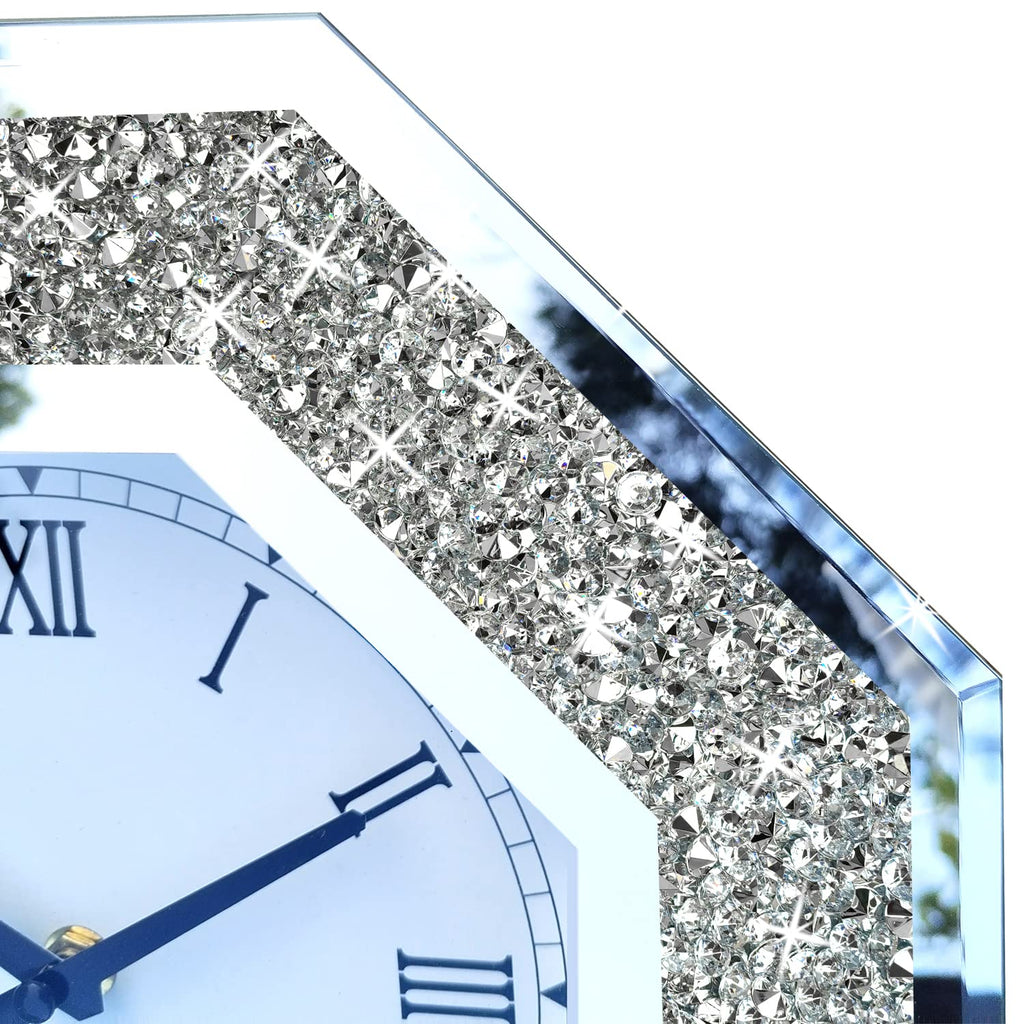 Wall Clock, Octagon Mirror Glass Clock, Cute Diamond 20-inch Non-Ticking Clock for Wall Décor, Perfect Home Decor