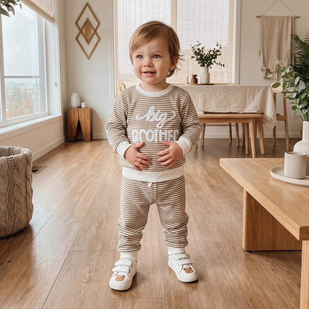 Toddler Baby Boy Fall Outfit Set Tops Pants Cute Infant Waffle Clothes (Big Brother Bro Khaki, )