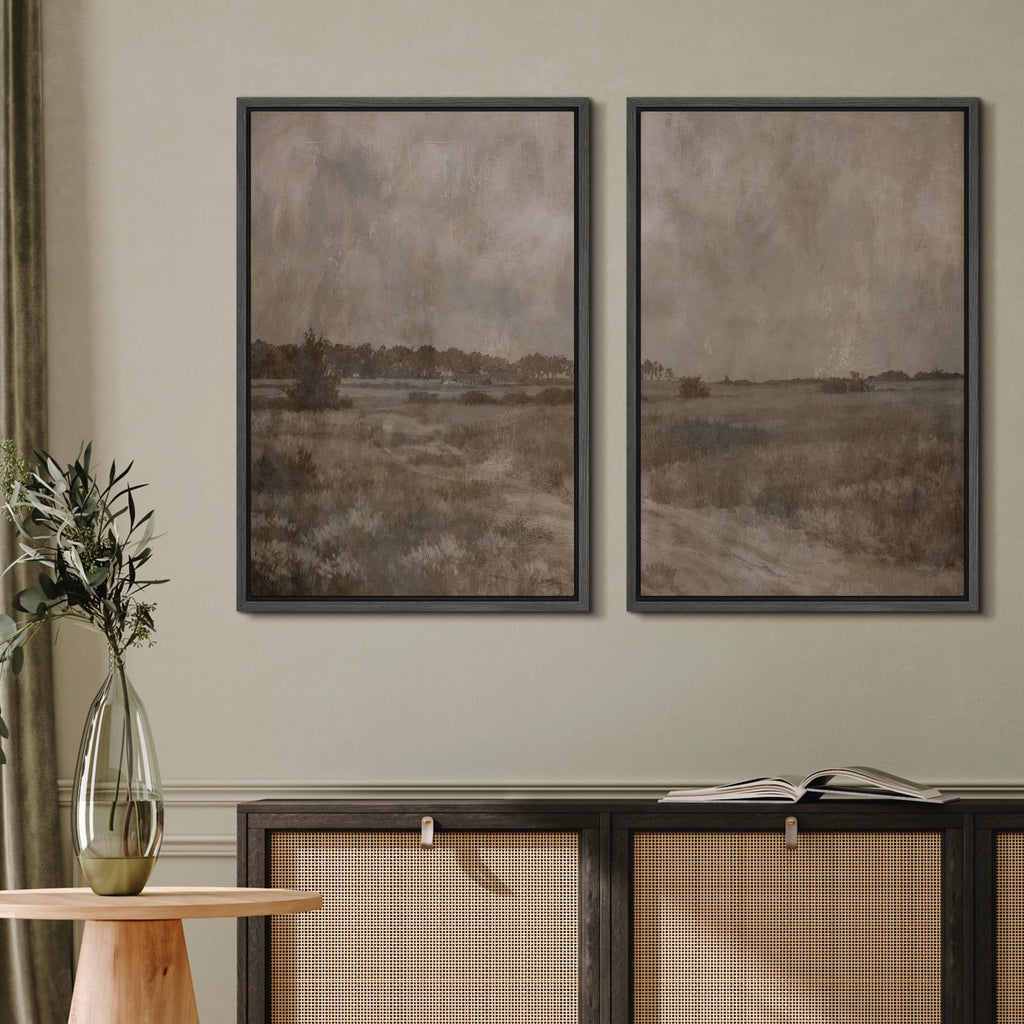 Framed Canvas Print Wall Art Neutral Rustic Countryside Landscape Vintage Field Path and Distant Trees Illustrations
