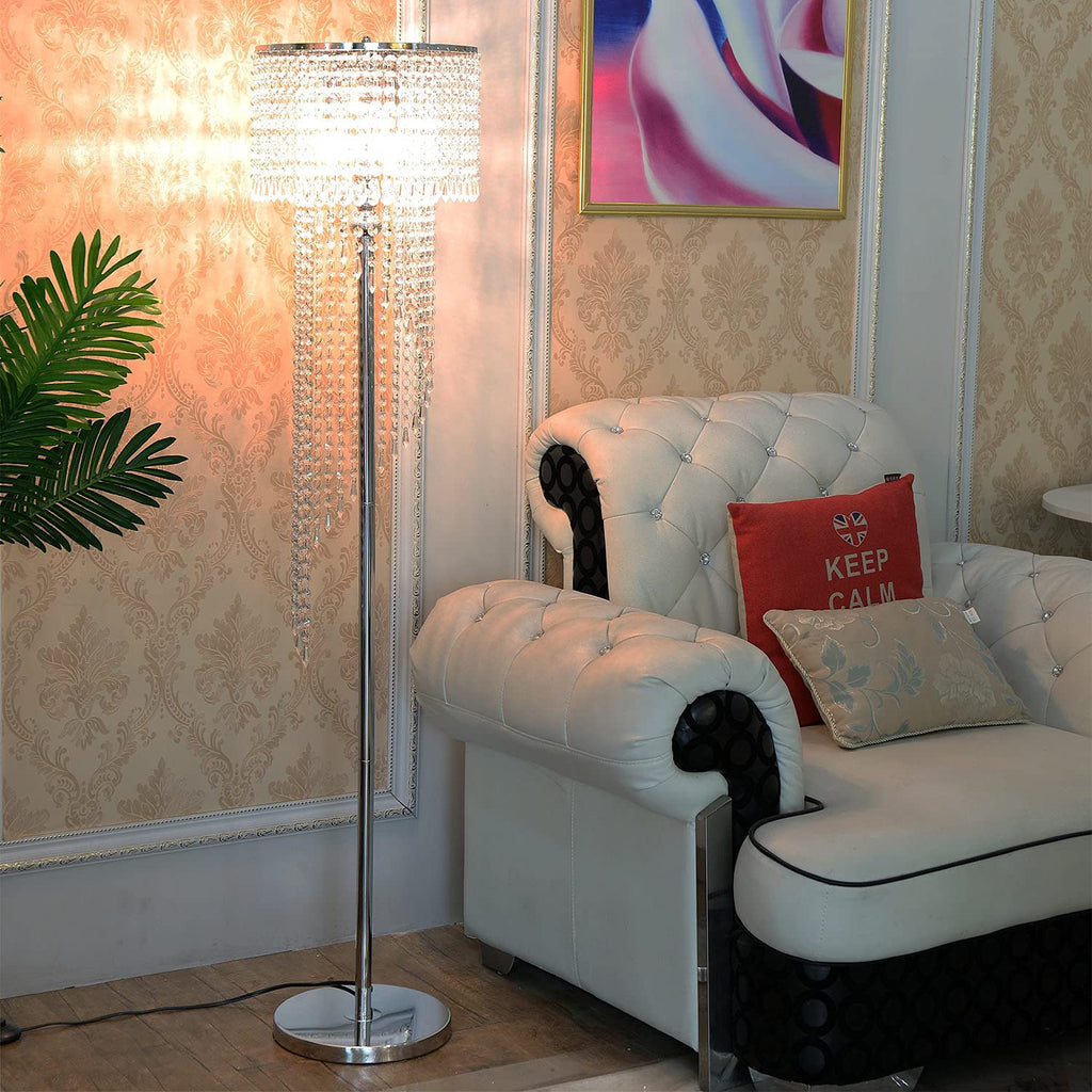 Modern Style Crystals Floor Lamp Chrome Finish and Plentiful Crystals for Reading Corner Lamp Cafe, Den, Living Room