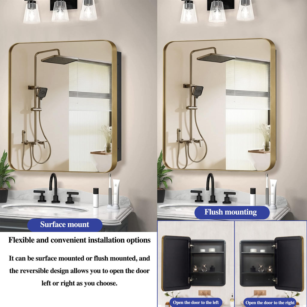 24" x 24" Bathroom Medicine Cabinet with Mirror Door, Brush Gold Stainless Steel Frame, Recessed or Surface
