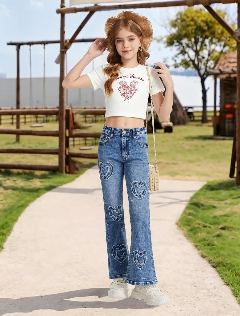 Girls Jeans Flare High Elastic Waist Denim Pants Bell Bottom Stretch Cute Y2K Streetwear with Pockets