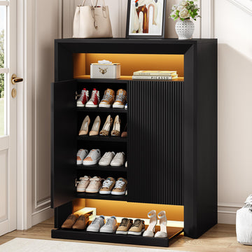 LED Shoe Cabinet w/App & Music Sync, Modern Shoe Storage Rack with Adjustable Shelves & Pull-Out Drawer, Entryway
