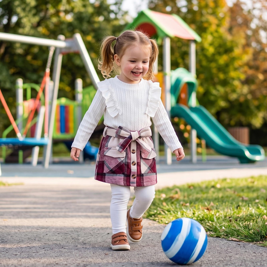 Girl Clothes Fall Toddler Winter Outfit Knit Top Plaid Skirt Belt White