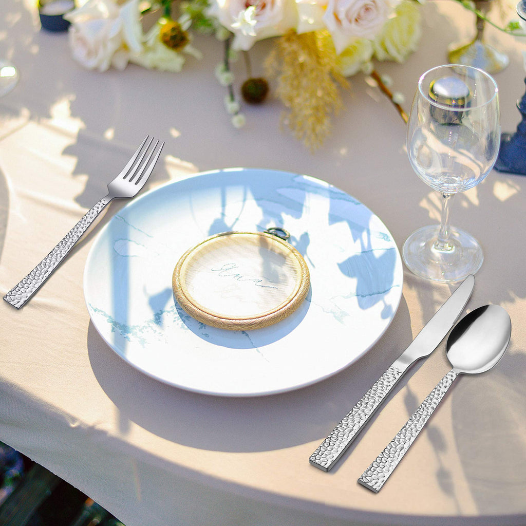 50-Piece Silverware Set for 10, Stainless Steel Flatware Set, Hammered Square Cutlery Eating Utensils Party Wedding