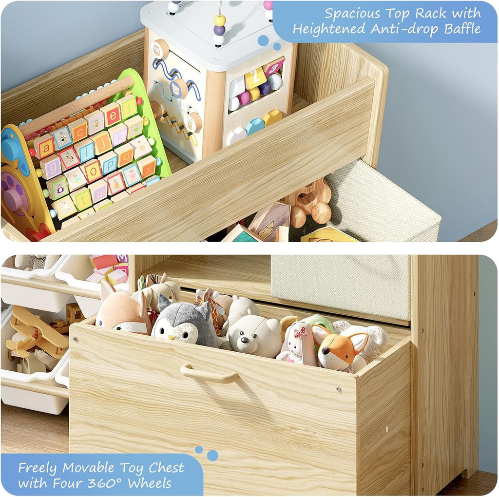 Toy Storage Organizer for Kids, 9-Bin Toy Organizer with 2-Drawers, Movable Toy Chest and Top Rack, Multifunctional