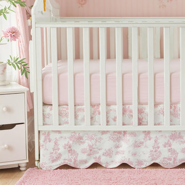 Scallop Edge Cotton Crib Skirt, Baby Girl, French Country Pink Toile Crib Skirt Toddler Bedskirt Farmhouse Chic
