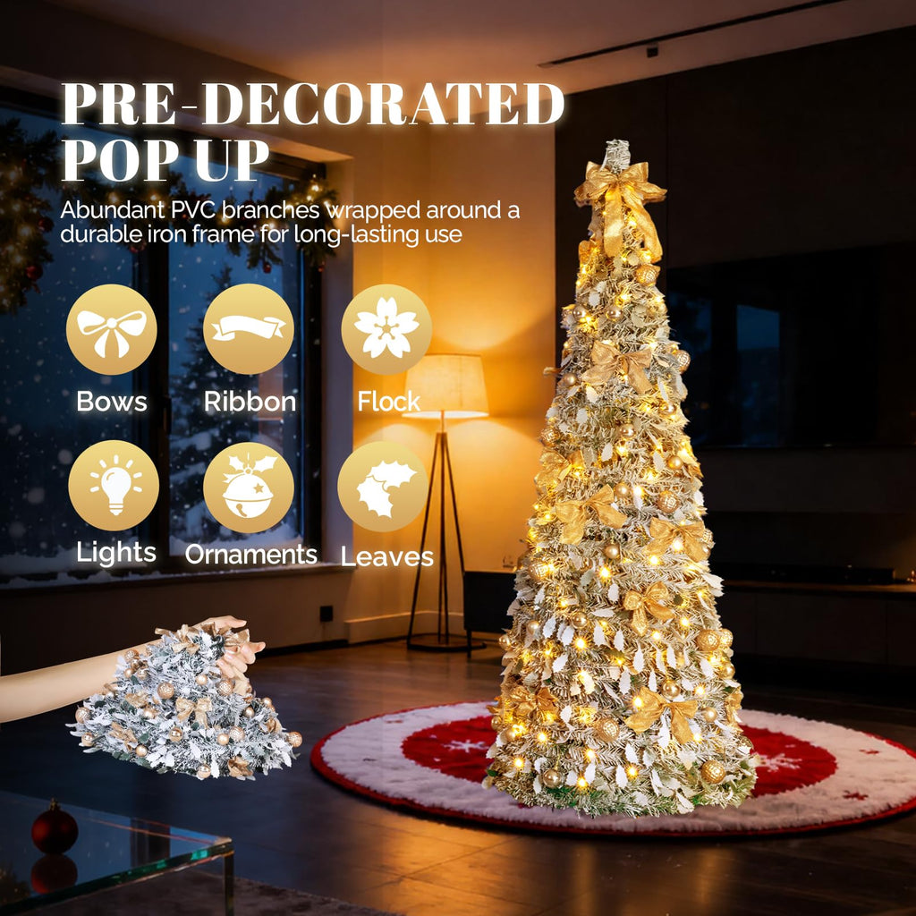 6ft Pre Lit Pop Up w/ 100 Lights, Fully Decorated Flocked Pencil, Collapsible Xmas Tree for Holiday Party