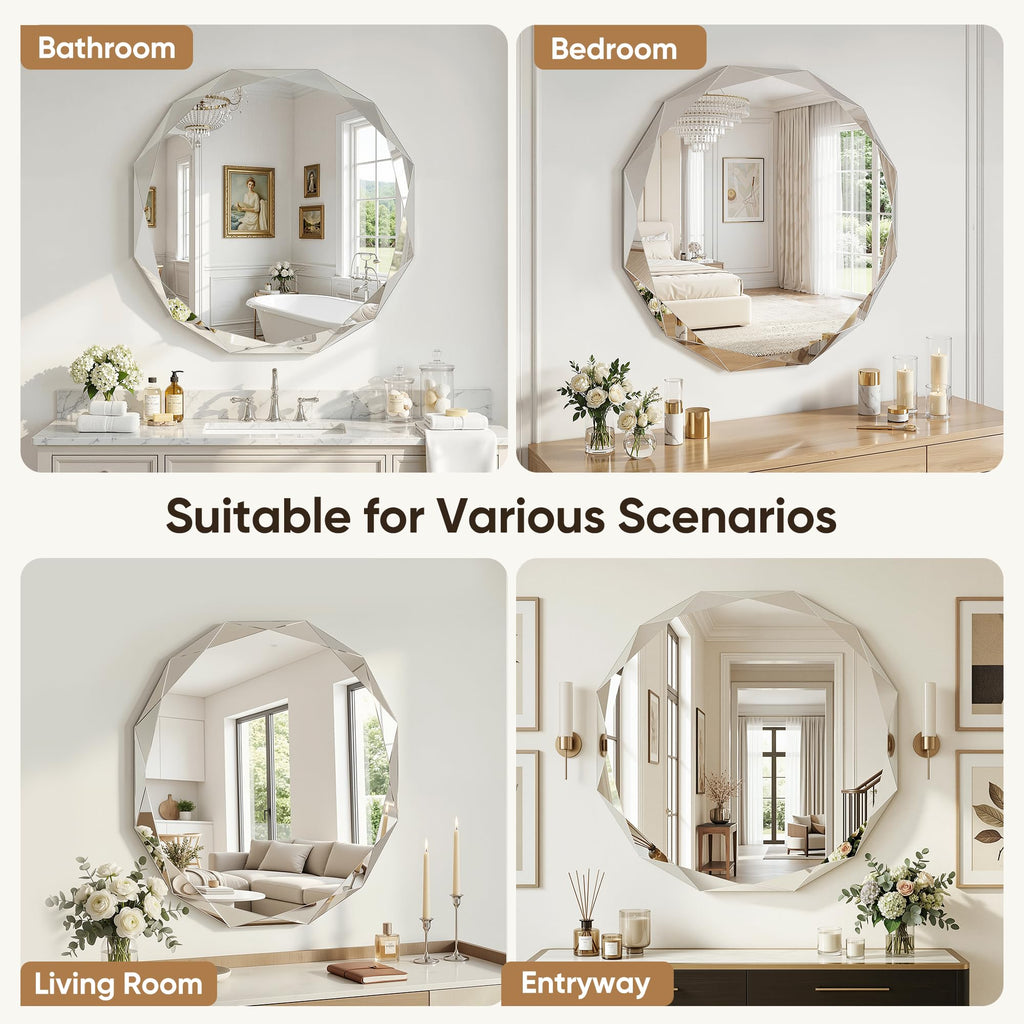 Bathroom Mirror, 20"x 20" Wall Mirror, Frameless Bathroom Mirror with Beveled Edge, Round Shape